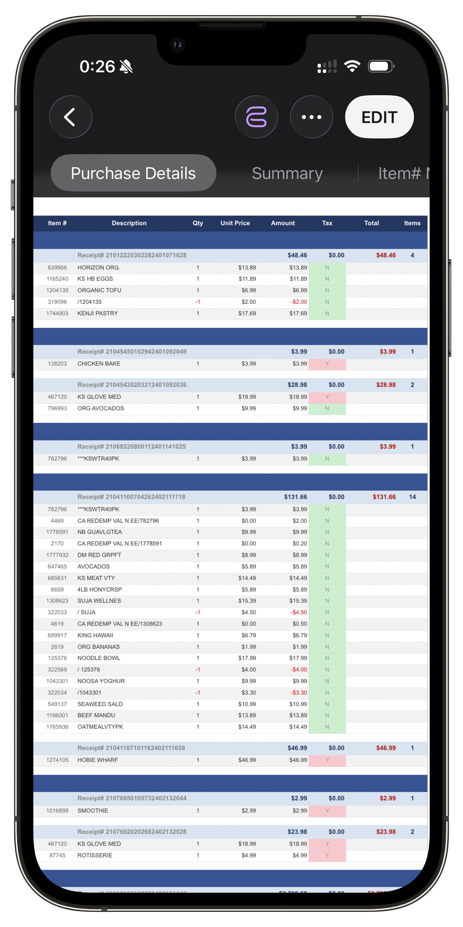 Receipt Pro on iOS — itemized purchase details with tax, total, and store
