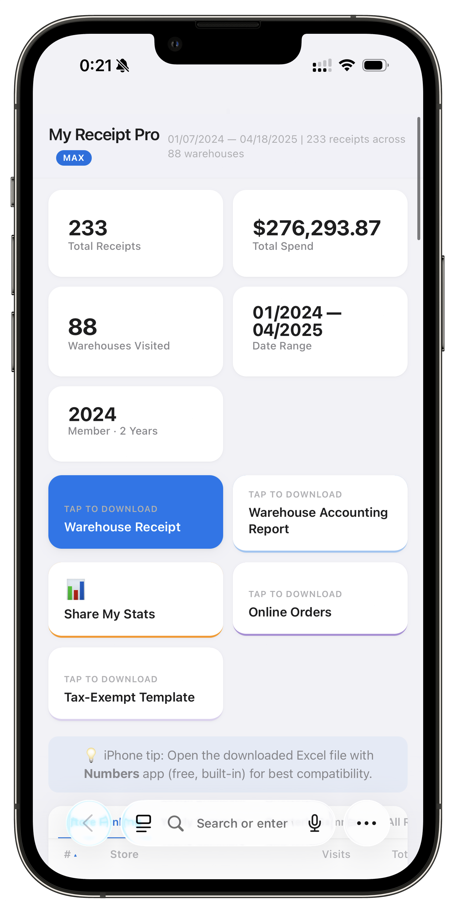 Receipt Pro on iOS — Results dashboard with total spend, warehouses visited, export buttons