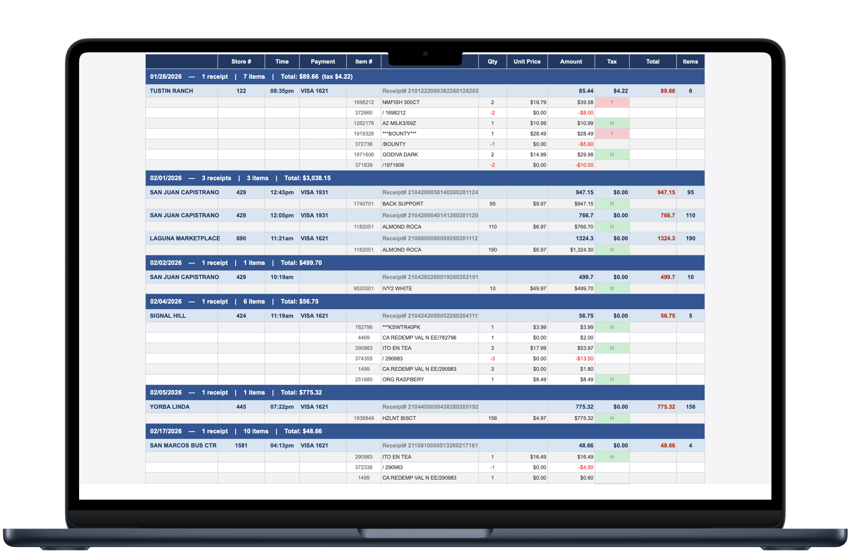 Receipt Pro on Mac — styled Excel export with purchase details, subtotals, tax