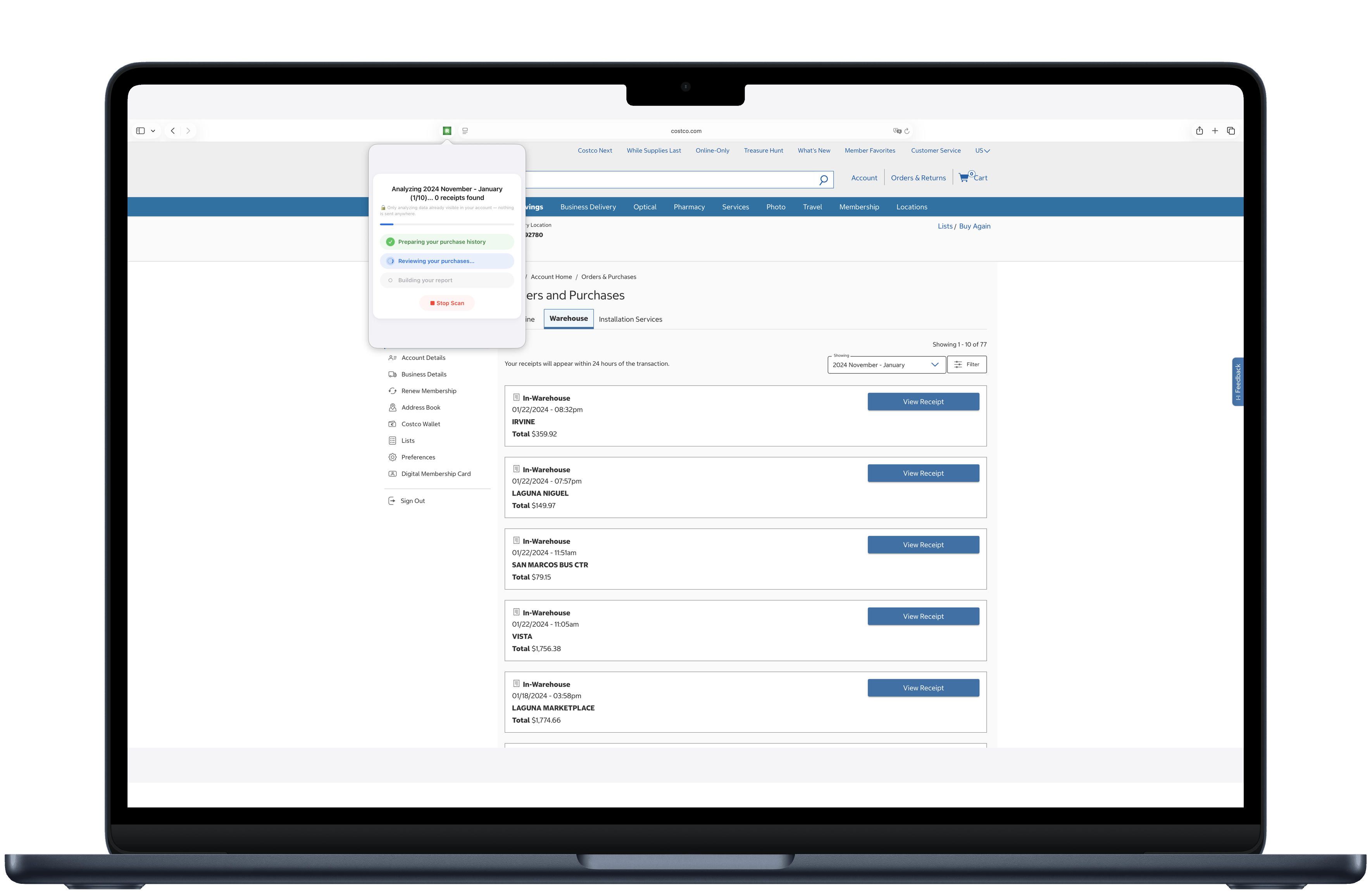Receipt Pro on Mac — scanning Costco purchase history in progress